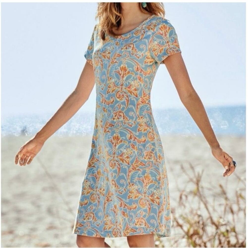 Peruvian Connection Paisley Orange Blue Floral Short Sleeve Dress Size Medium